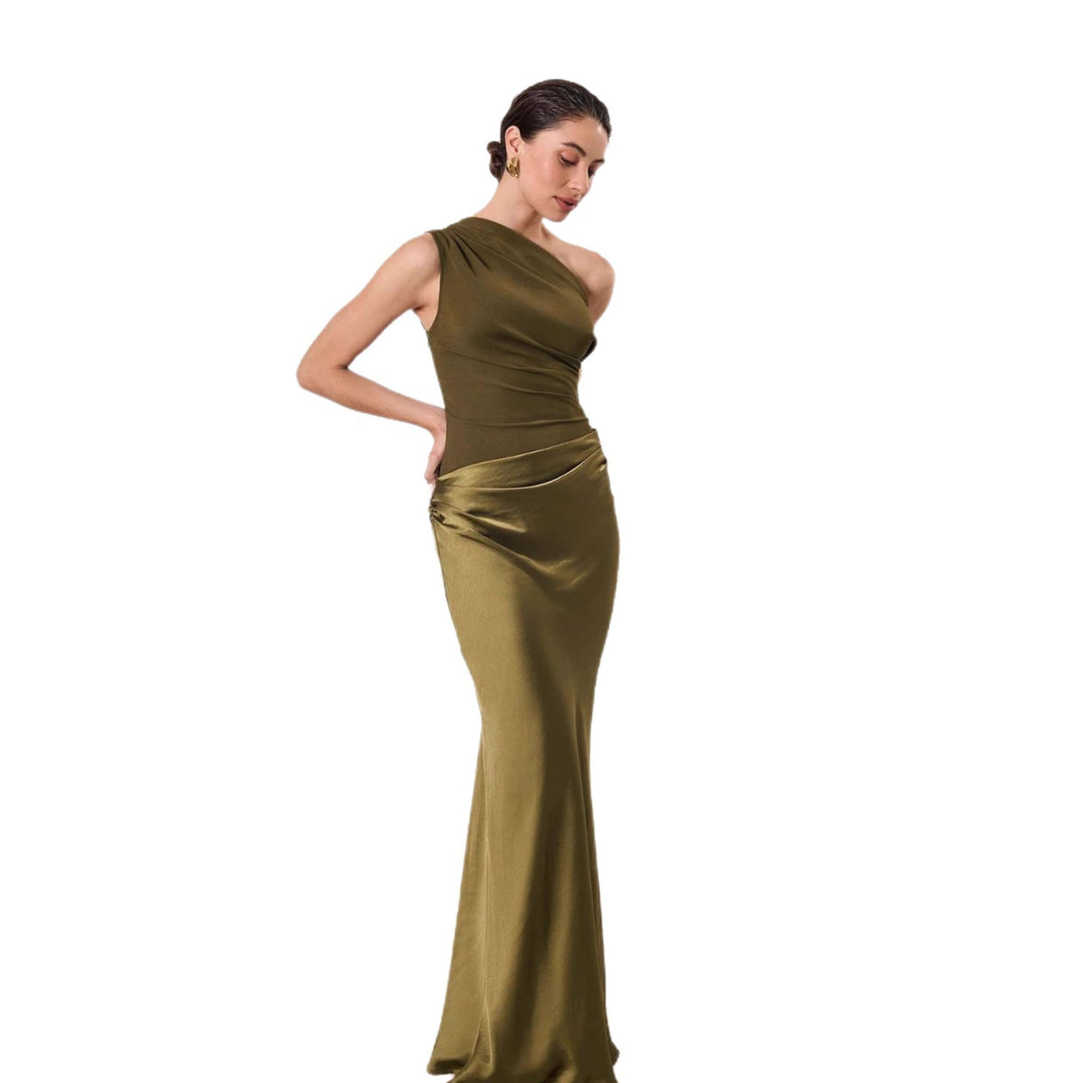 Vestido Longo Cetim Decote Diagonal Sem Mangas