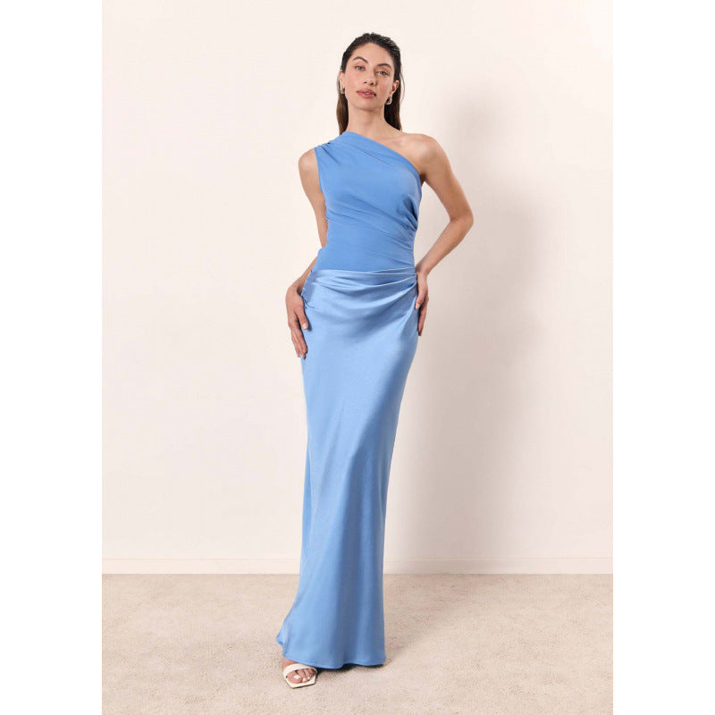 Vestido Longo Cetim Decote Diagonal Sem Mangas