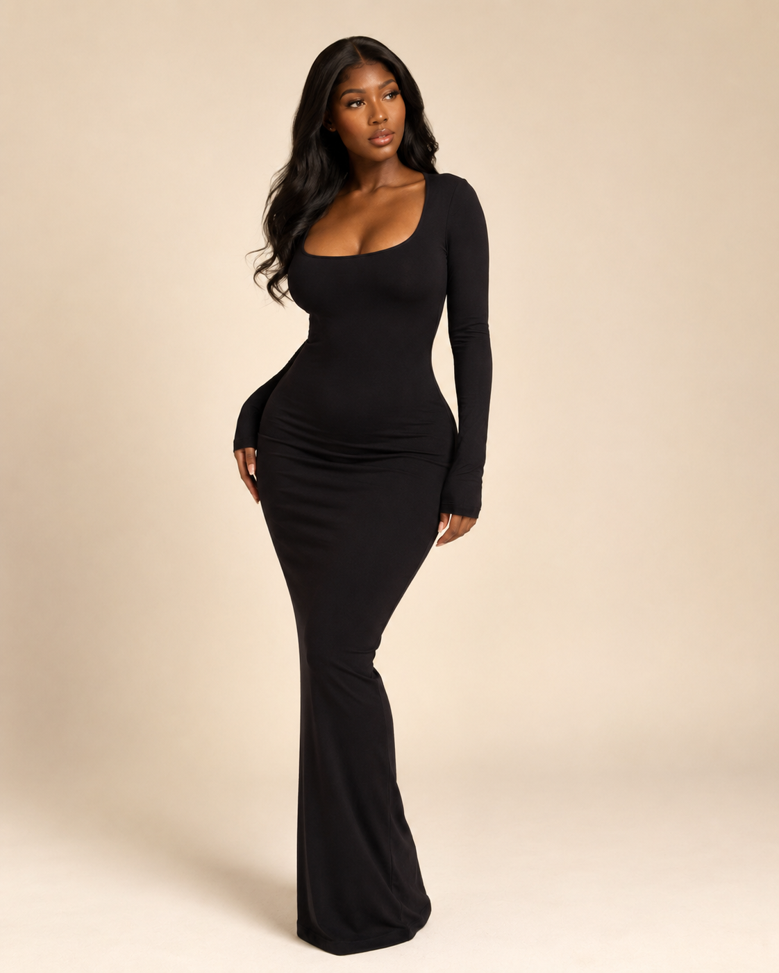 Vestido Longo Feminino Sereia Bodycon Manga Longa