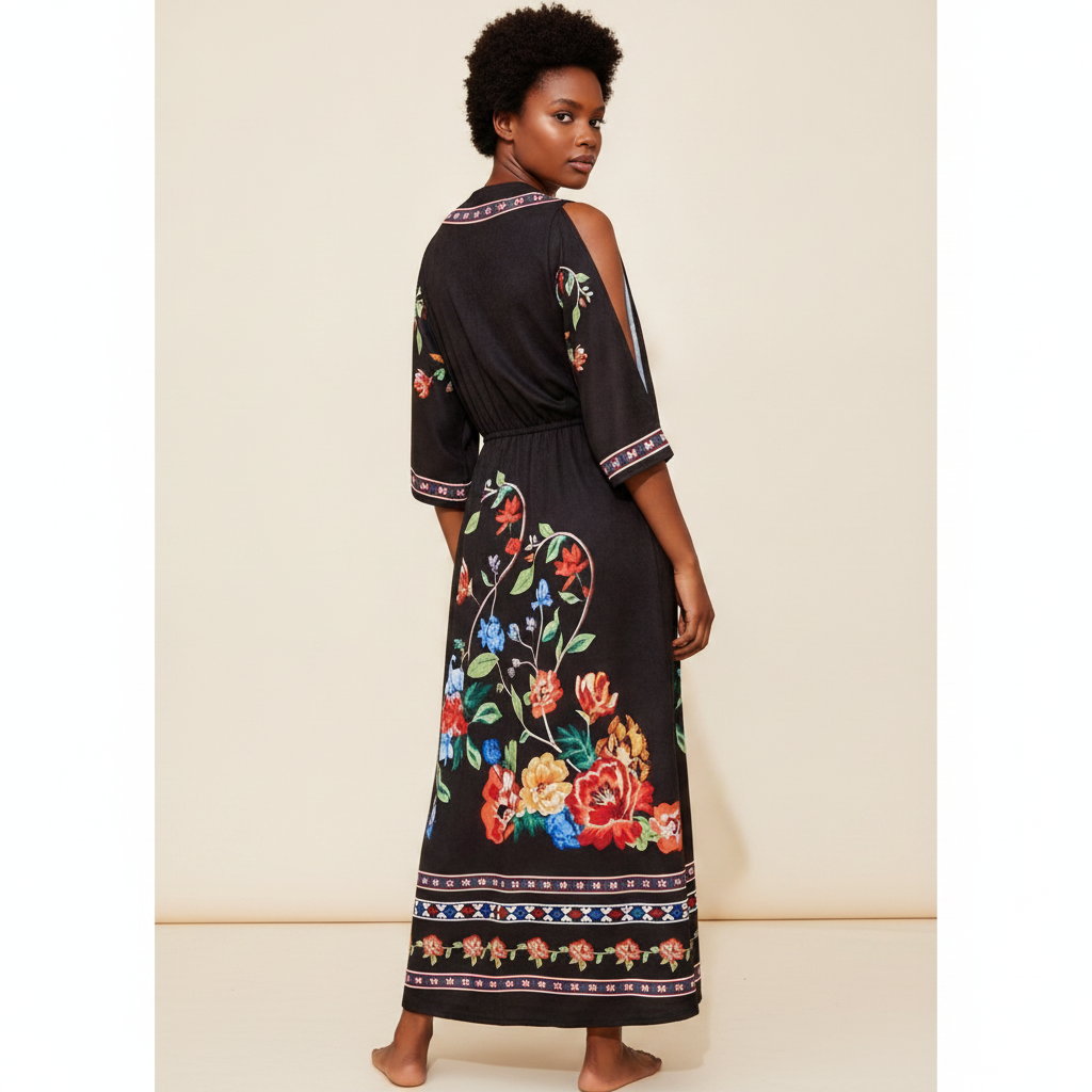 Vestido Longo Étnico, Decote em V E Fenda