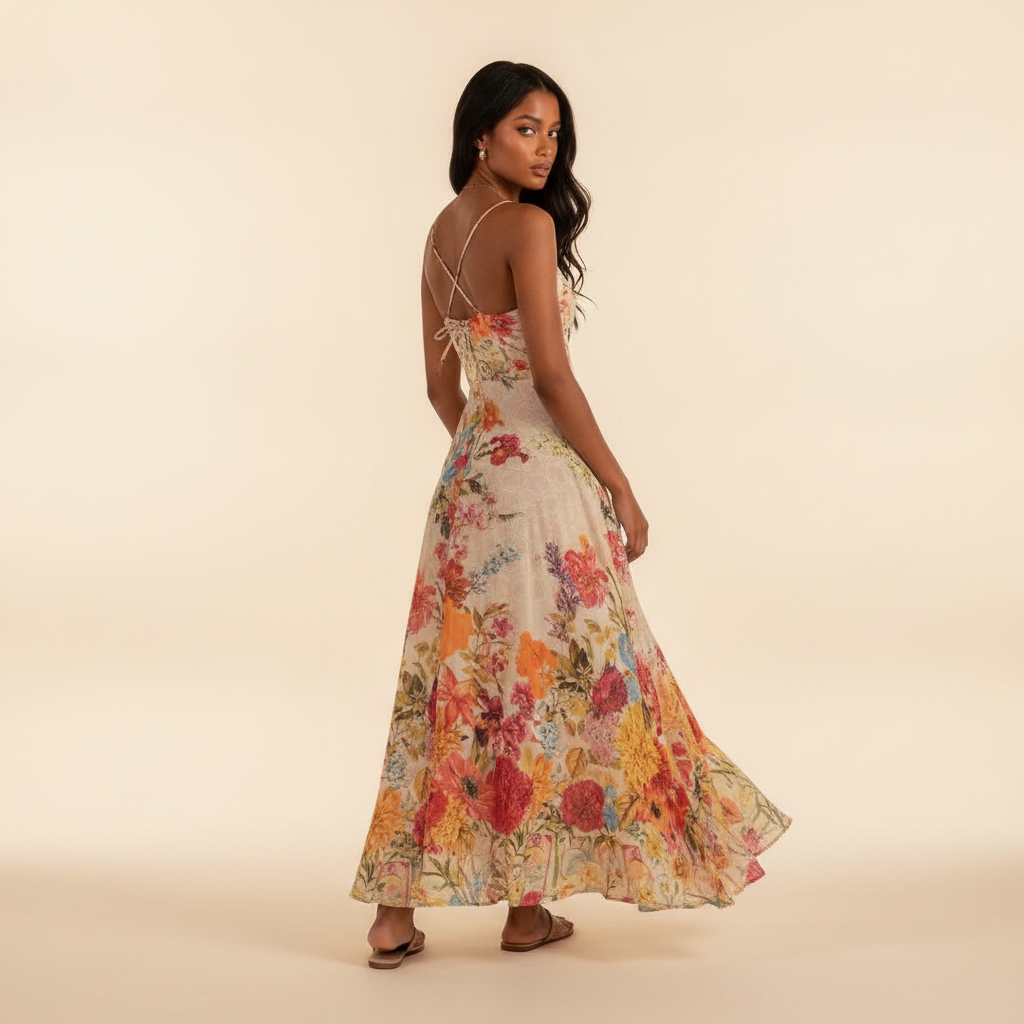 Vestido Longo Evasé, Estampado Floral com Laço
