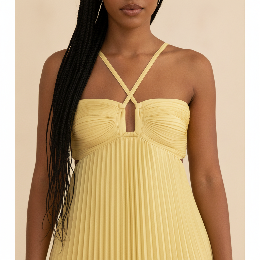 Vestido Longo Plissado, com Alças Cruzadas