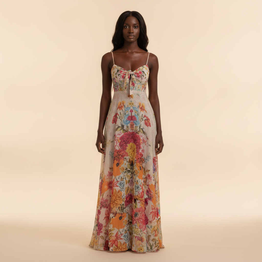 Vestido Longo Evasé, Estampado Floral com Laço