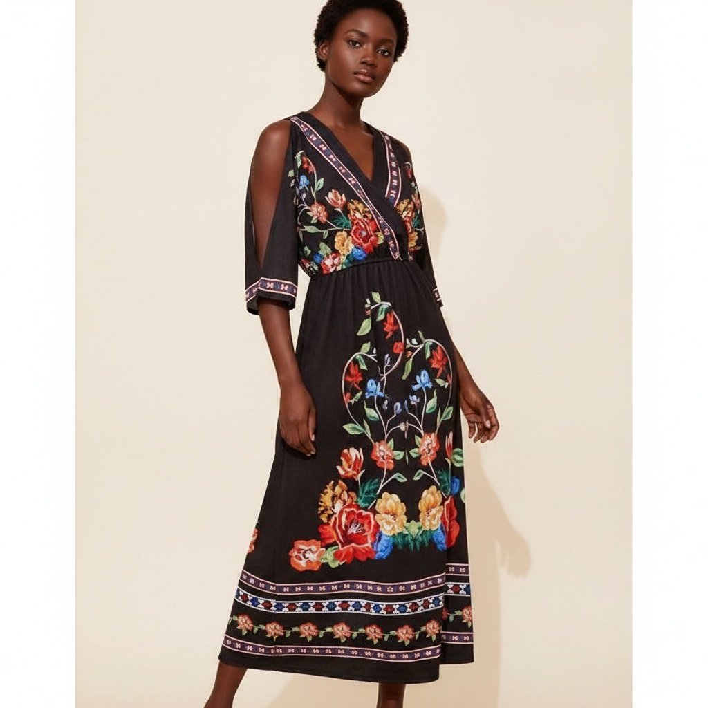 Vestido Longo Étnico, Decote em V E Fenda
