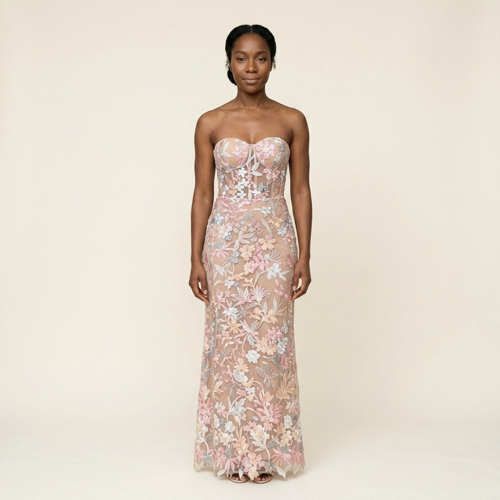 Vestido Longo Cai-cai, com Bordado Floral