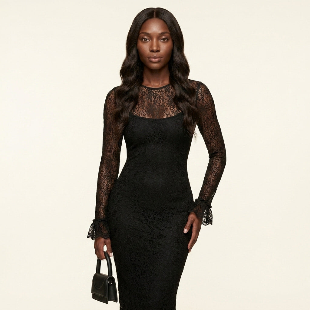 Vestido Feminino Longo com Renda e Manga Comprida