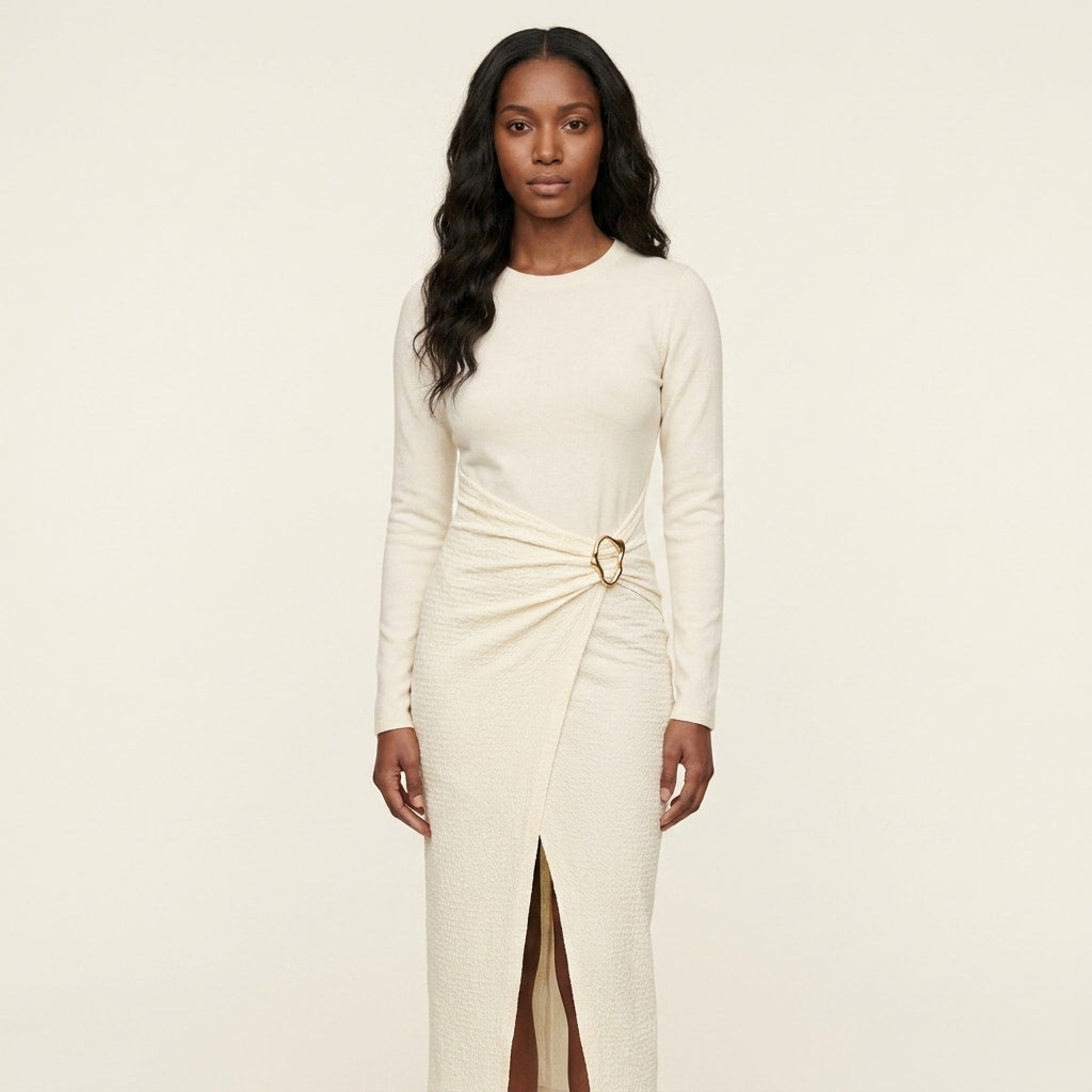 Vestido Feminino Justo de Malha Gola Quadrada Cor Sólida com Fenda