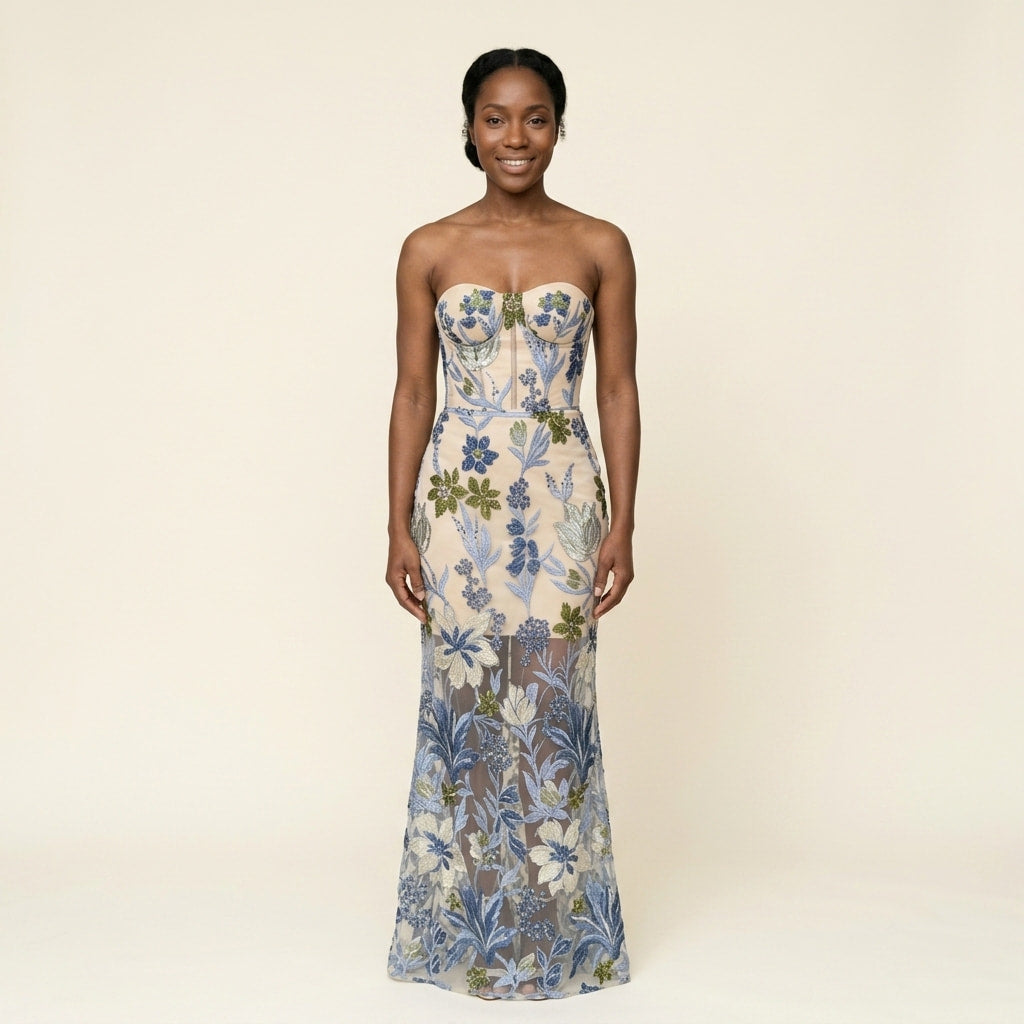 Vestido Longo Cai-cai, com Bordado Floral