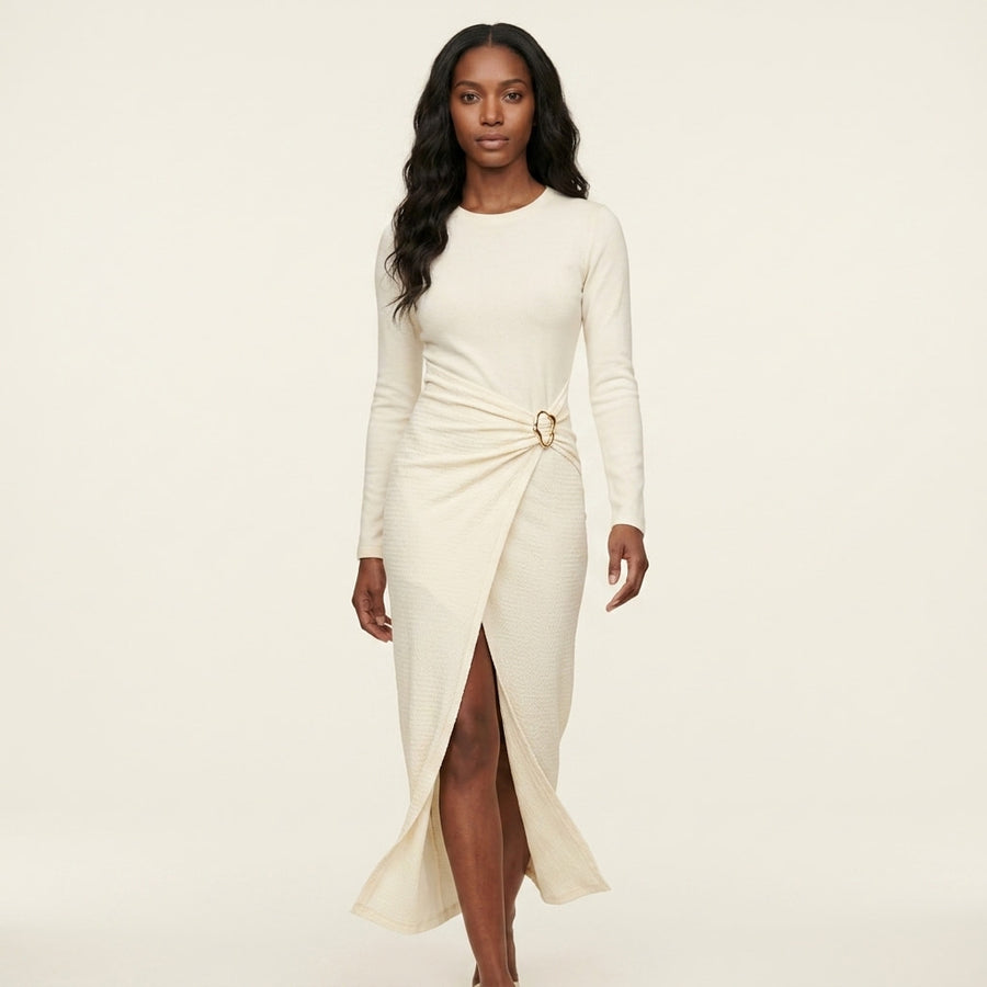 Vestido Feminino Justo de Malha Gola Quadrada Cor Sólida com Fenda