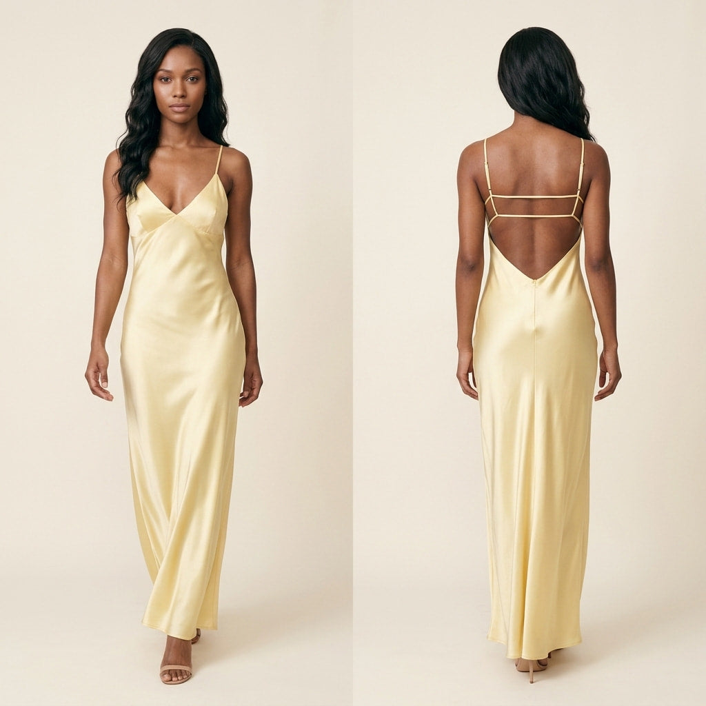 Vestido Slip Cetim Decote em V, Alças Finas